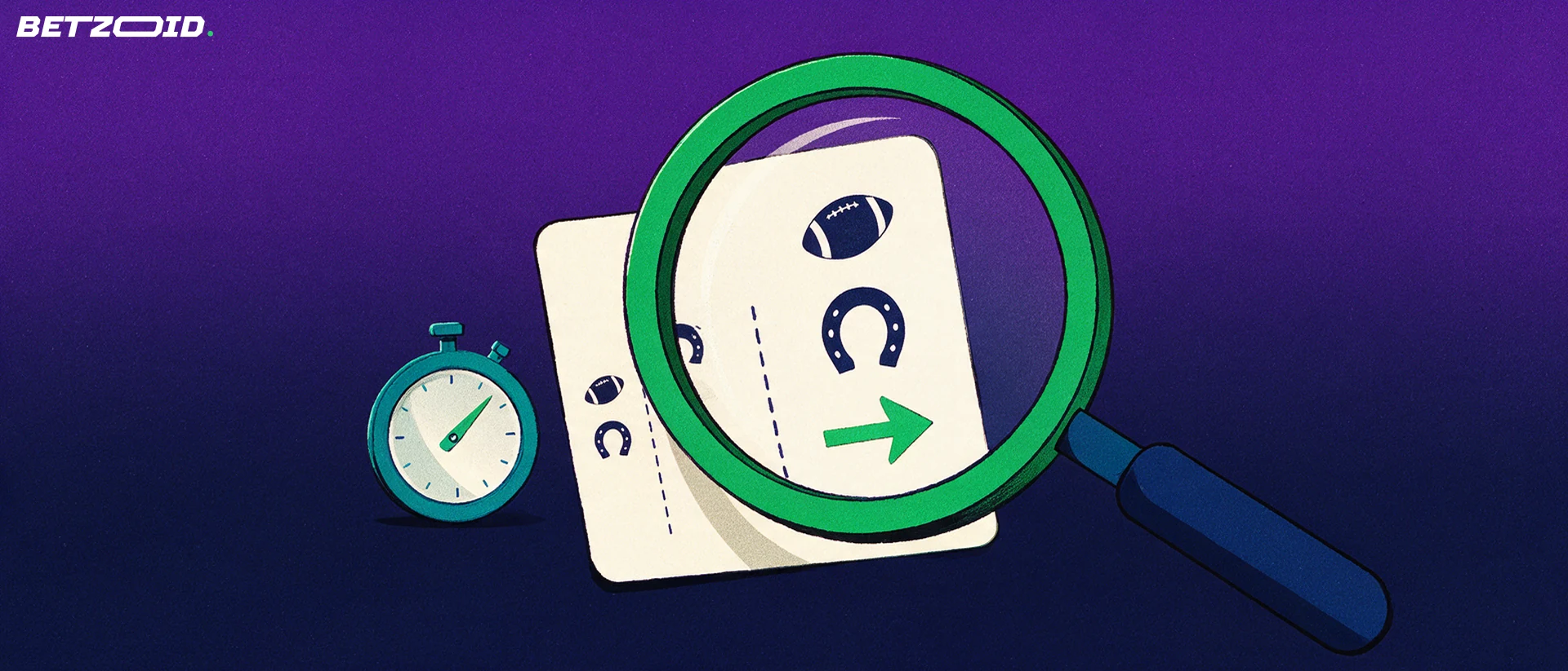 Illustration of a magnifying glass inspecting a betting slip marked with football, horseshoe and arrow symbols, next to a small stopwatch.
