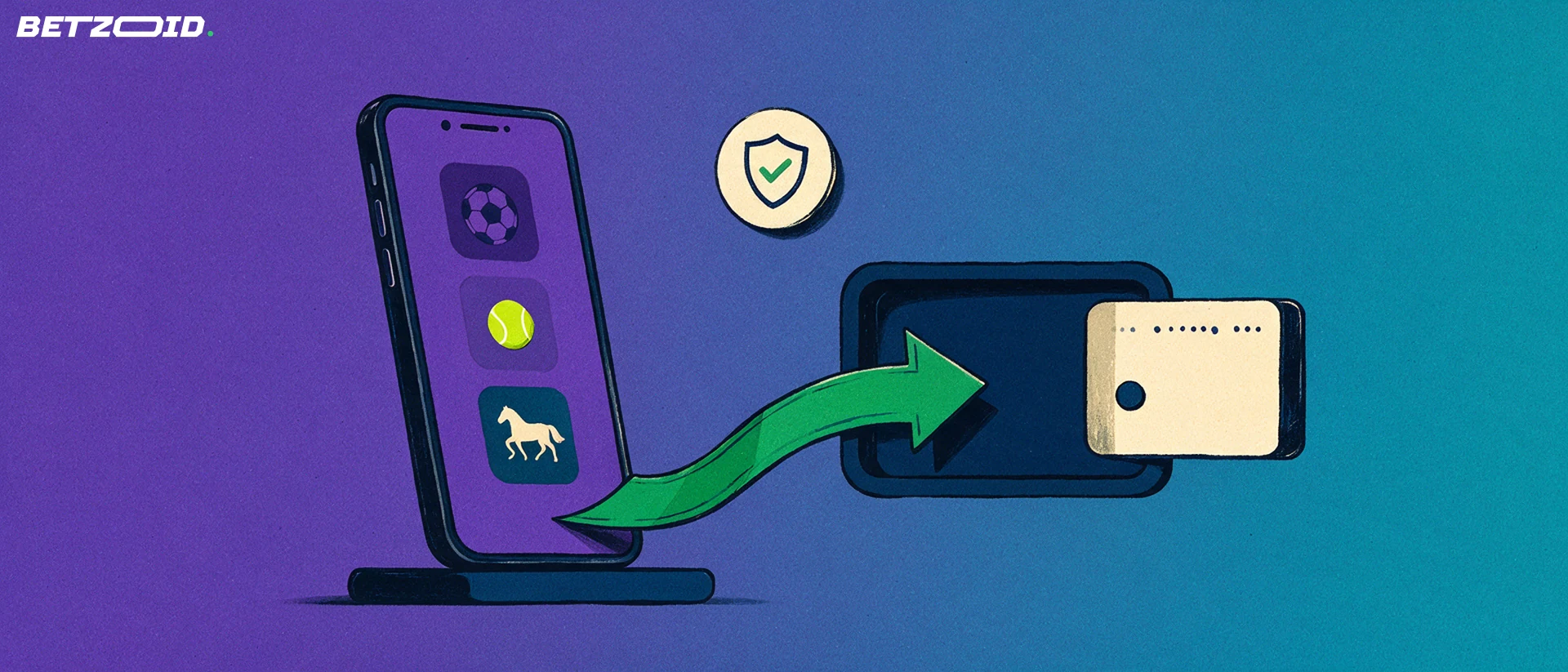 Illustration of a smartphone showing sport symbols with a green arrow leading to a plain payment card