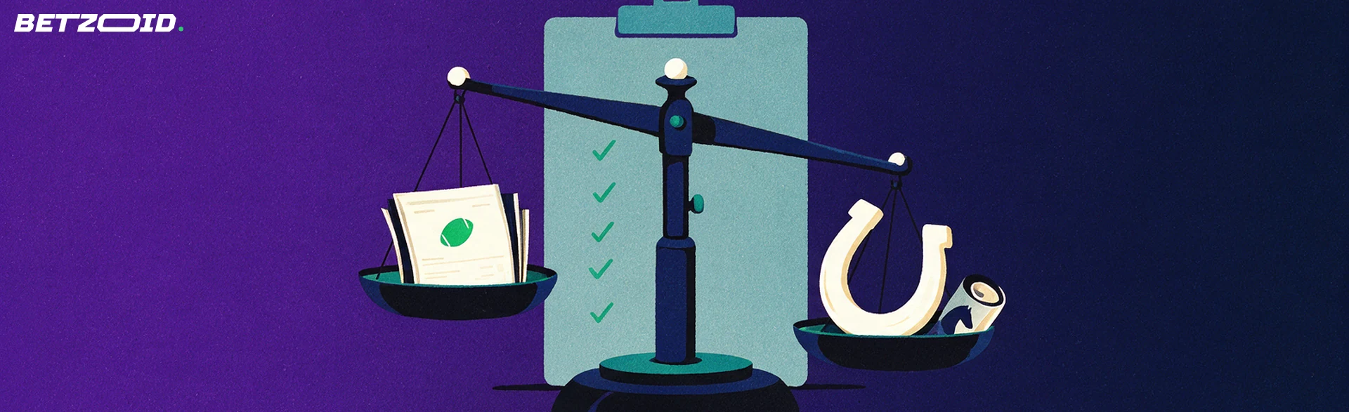 Illustration of a balance scale weighing a stack of football betting slips against a horseshoe, with a ticked checklist behind.