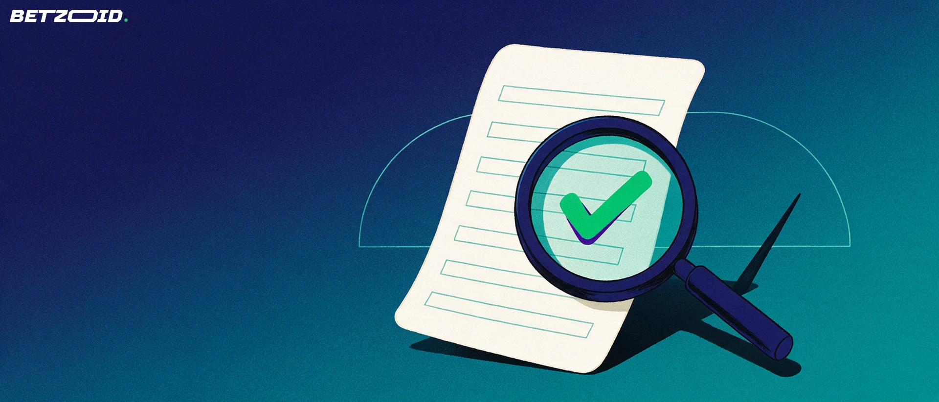 Illustration of a large magnifying glass examining a blank betting slip marked with a green check mark, next to a simple rating gauge.