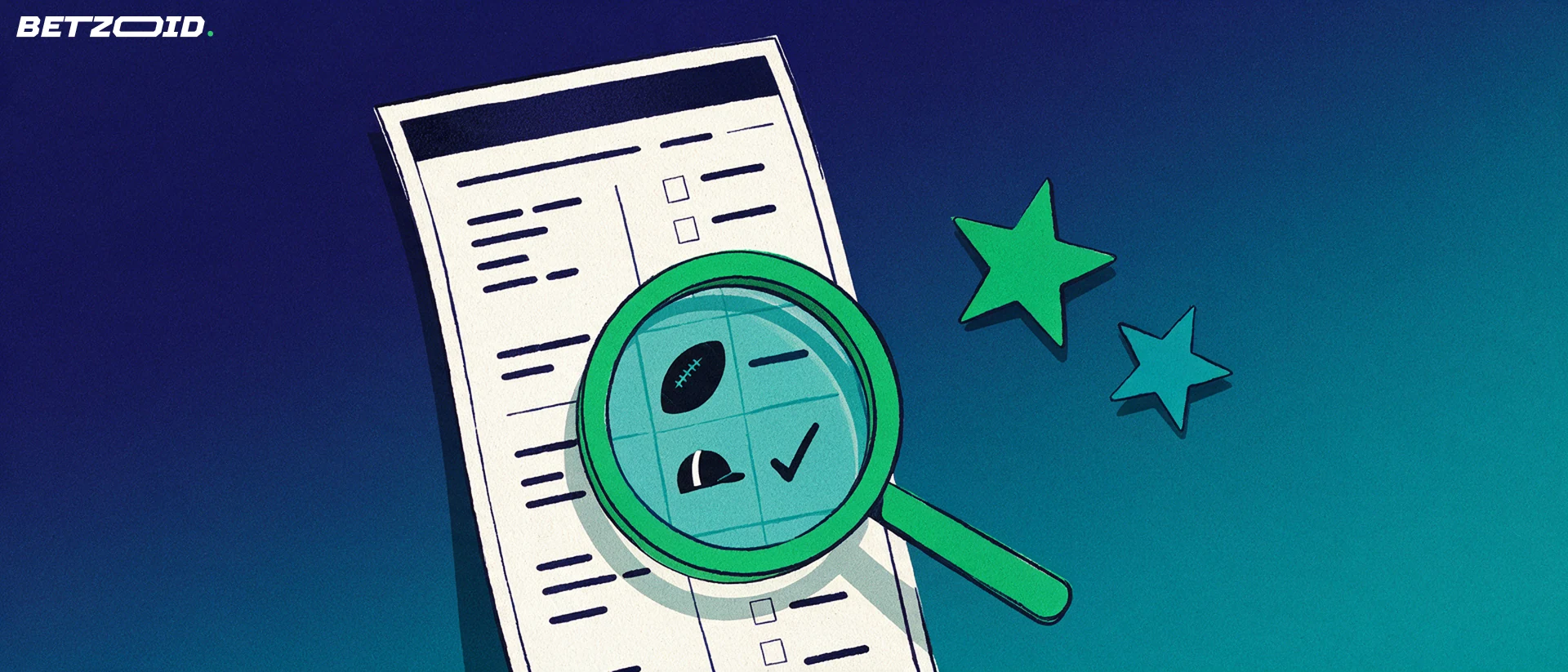 Illustration of a large betting slip examined through a magnifying glass that enlarges a football, a jockey helmet and a check mark, with two stars beside it.