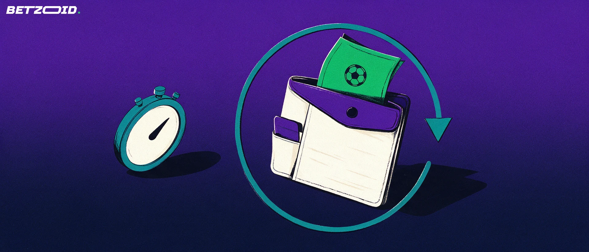 Illustration of a folded betting ticket sliding into a wallet with a circular arrow looping back out and a simple stopwatch resting nearby.