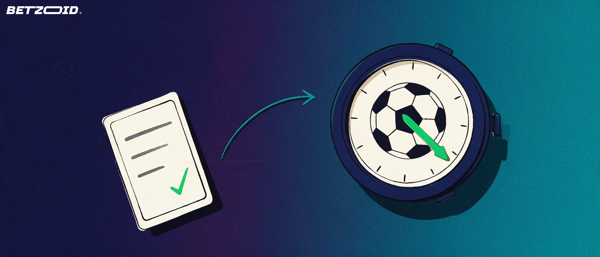 Illustration of a large stopwatch containing a football, with a betting slip and arrow beside it.
