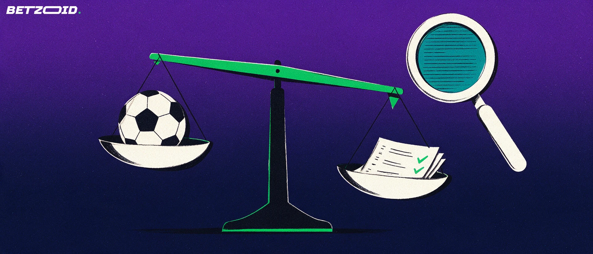 Illustration of a balance scale weighing a football against betting slips, with a magnifying glass above.