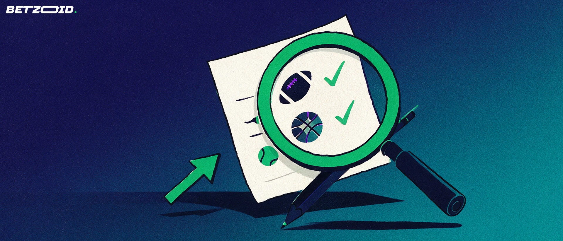 Illustration of a magnifying glass inspecting a betting slip marked with football, basketball and tennis symbols.