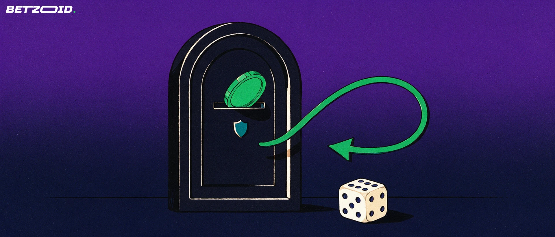 Illustration of a vault-like payment portal with a plain token entering a slot, a looping arrow and a single die.