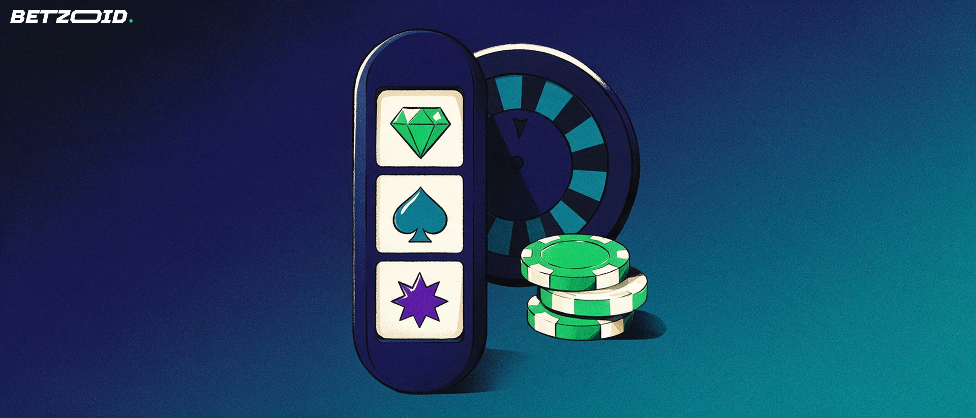 Illustration of a slot machine reel drum with simple game symbols, a flat roulette wheel disc and a small stack of casino chips.
