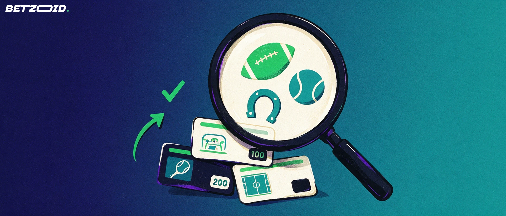 Illustration of a magnifying glass enlarging sport symbols above a stack of betting slips