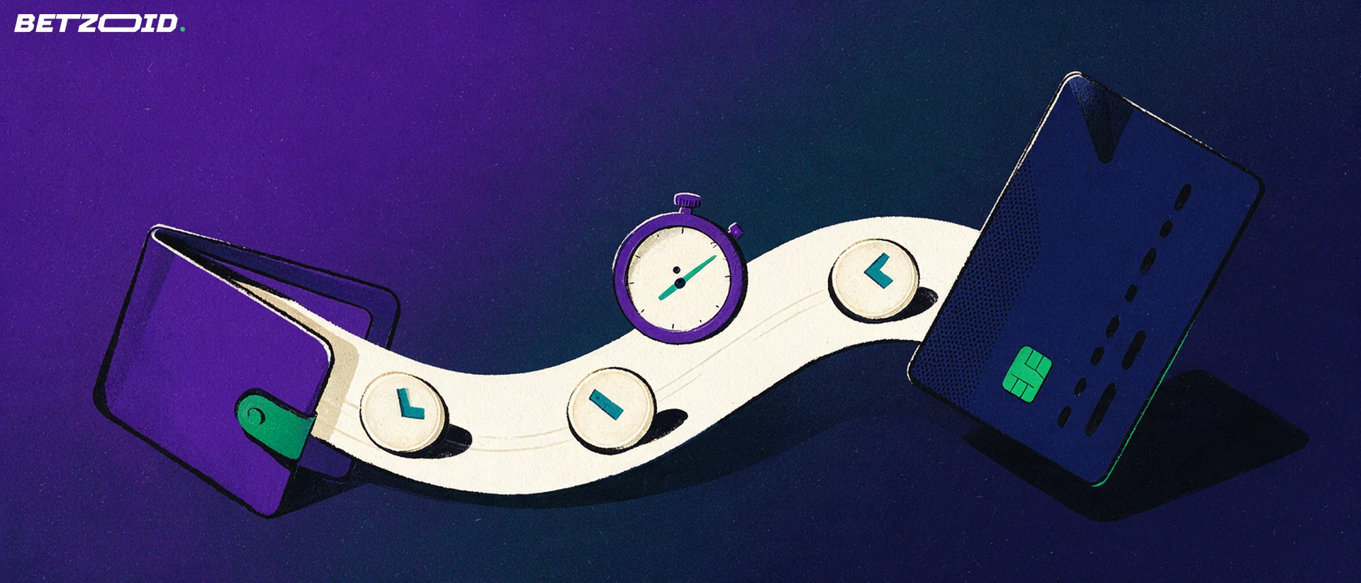 Illustration of a wallet feeding tokens through a chute into a bank card beside a stopwatch