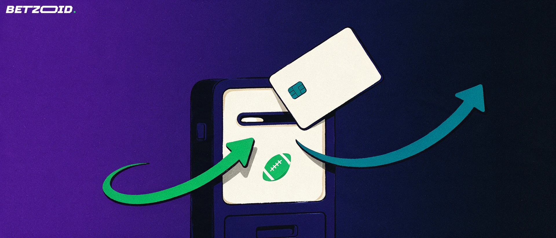 Illustration of a payment card entering a cashier cabinet marked with a small football symbol, with green and teal arrows showing money in and out.
