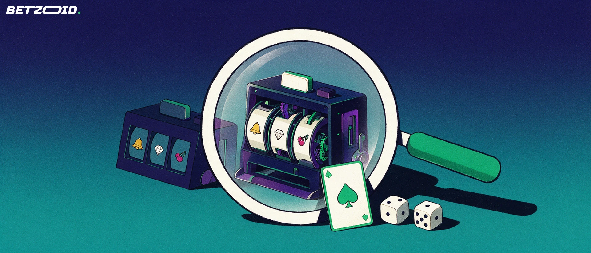 Illustration of a large magnifying glass enlarging a three-reel slot machine with bell, diamond and cherry symbols, beside a playing card and two dice.