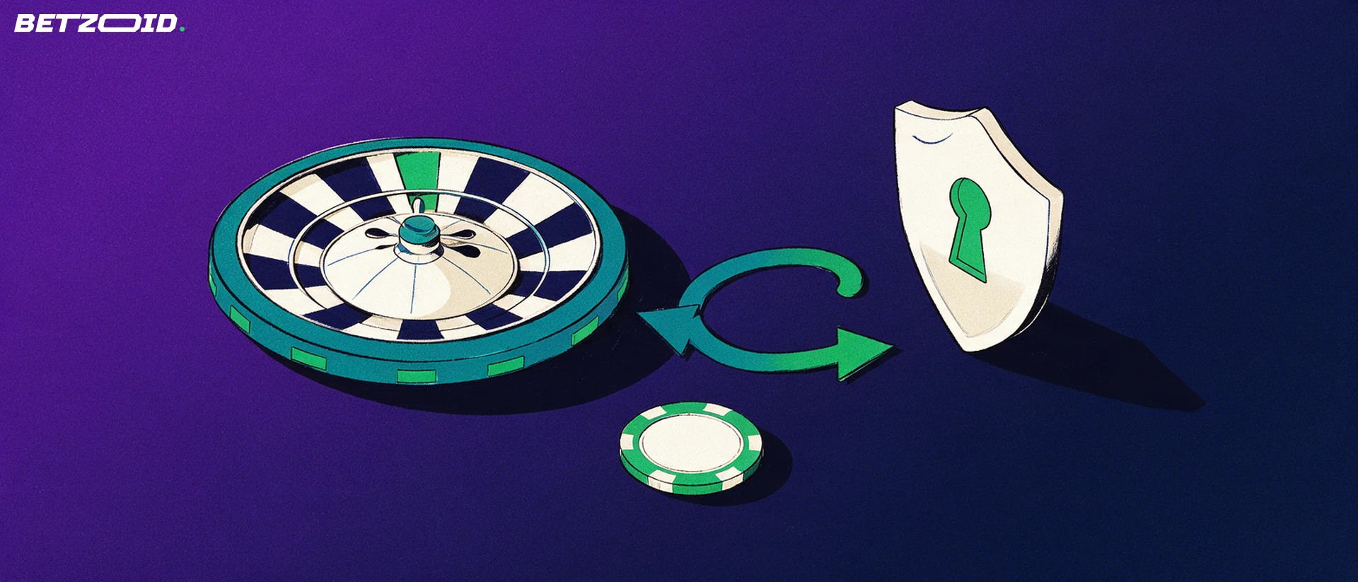Illustration of a roulette wheel linked by a two-way arrow to a shield with a keyhole, with one plain casino chip nearby.
