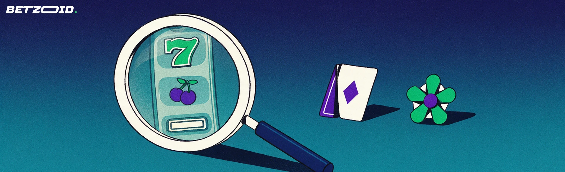 Illustration of a large magnifying glass enlarging a slot machine reel strip beside a playing card and a five-point rating rosette.