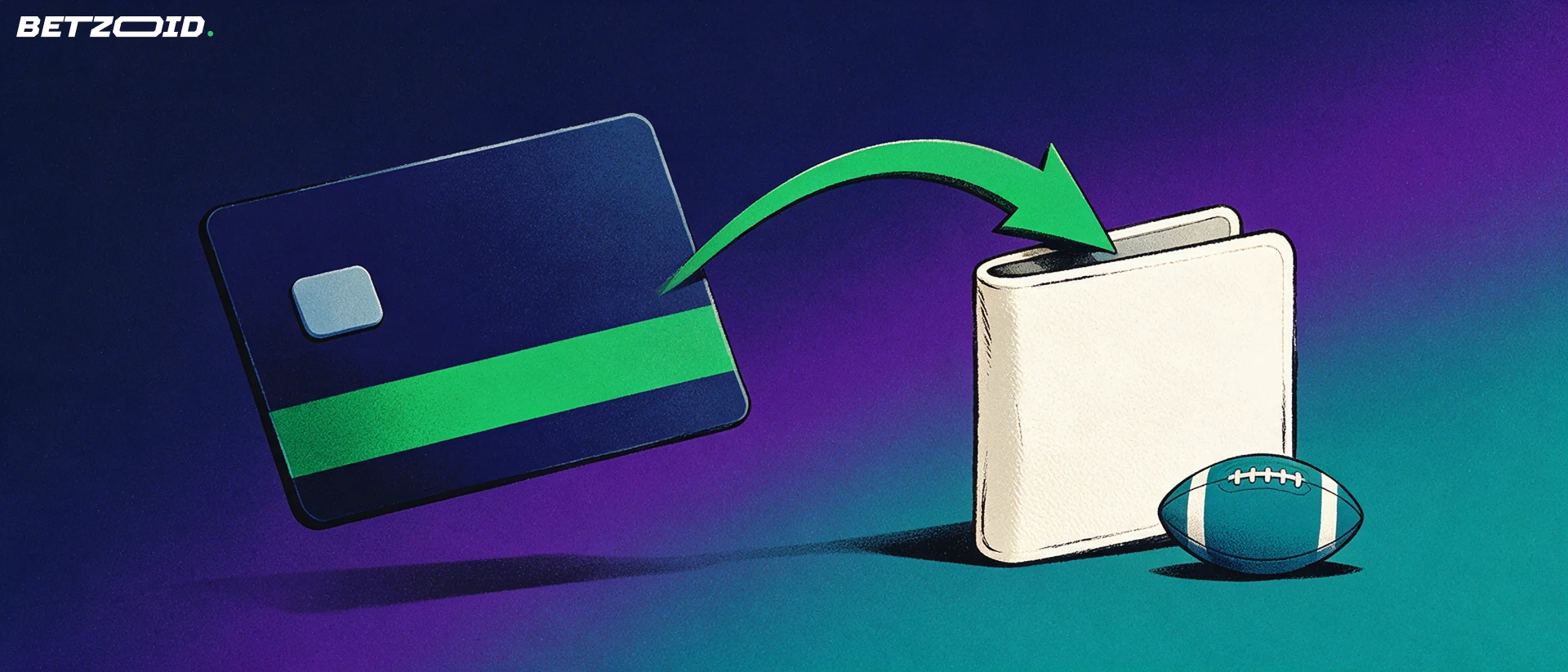 Illustration of a bank card with a green arrow curving into an open wallet beside a small football.