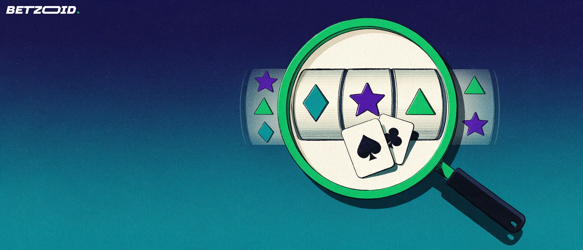 Illustration of a large magnifying glass examining a slot machine reel and two playing cards with plain suit symbols.