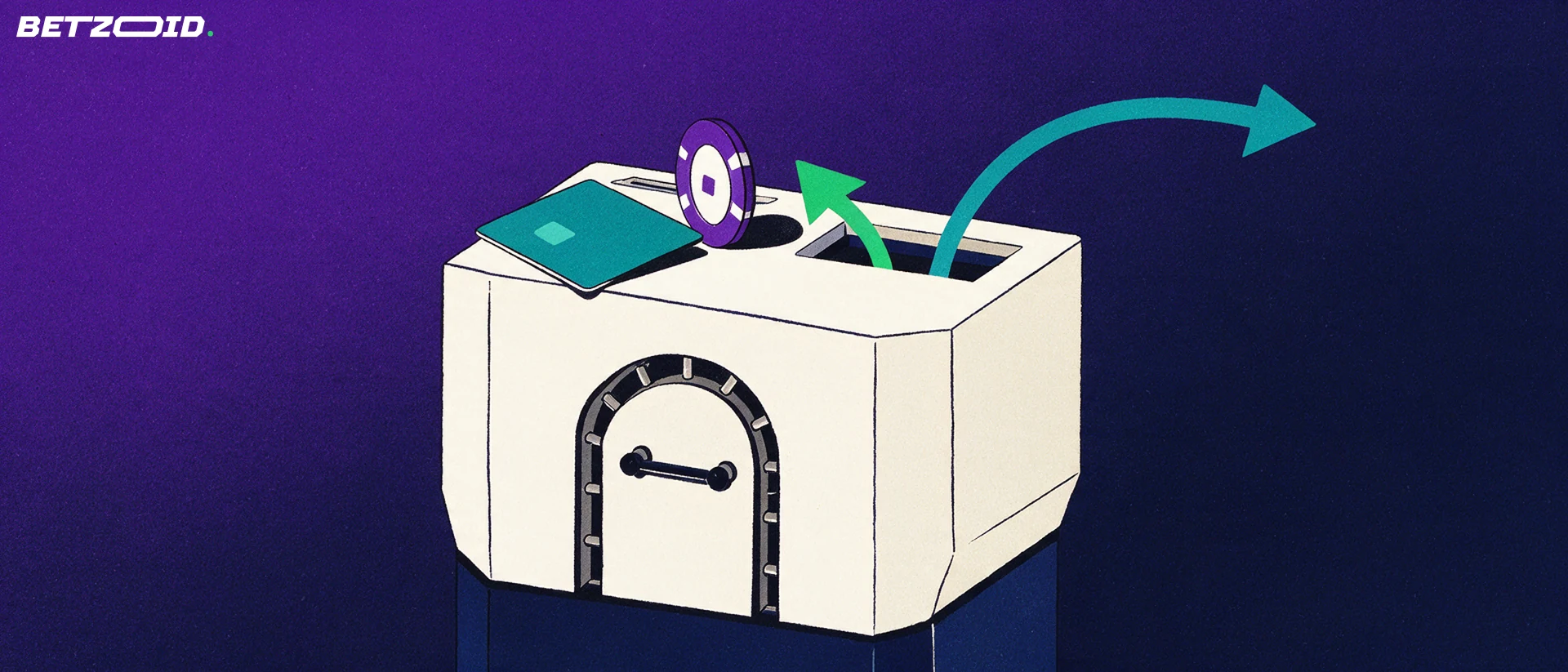 Illustration of a casino cashier counter with a vault door, a plain payment card, a gaming chip and two arrows showing deposits and withdrawals.