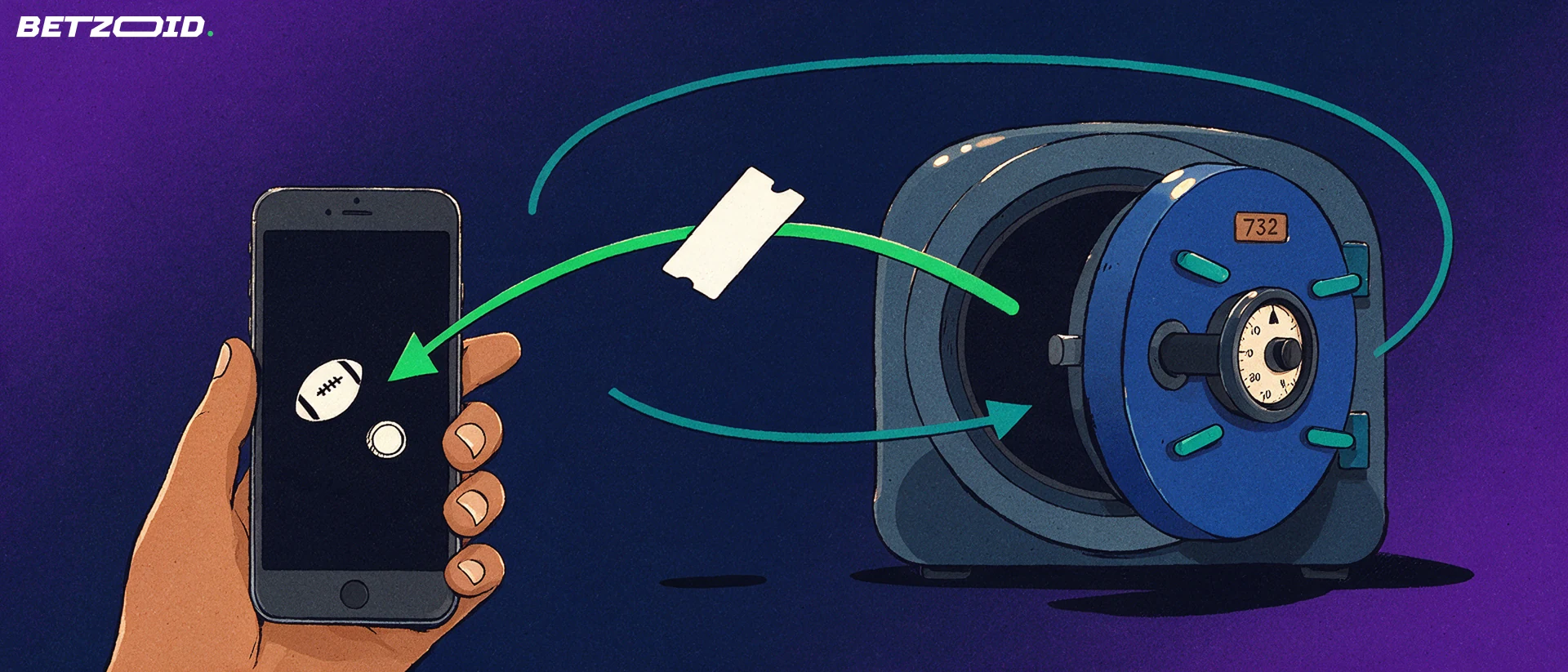 Illustration of a bank card travelling on an arrow between an open safe and a handheld phone showing football and coin symbols.
