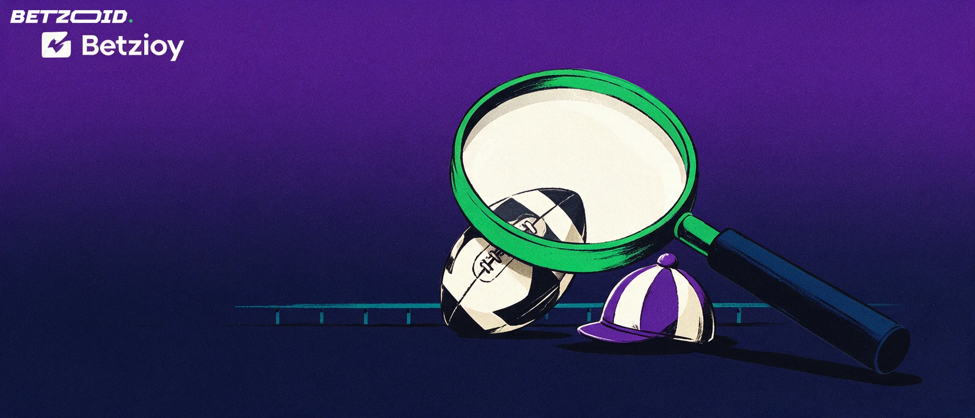 Illustration of a large magnifying glass inspecting a football and a jockey's racing helmet.