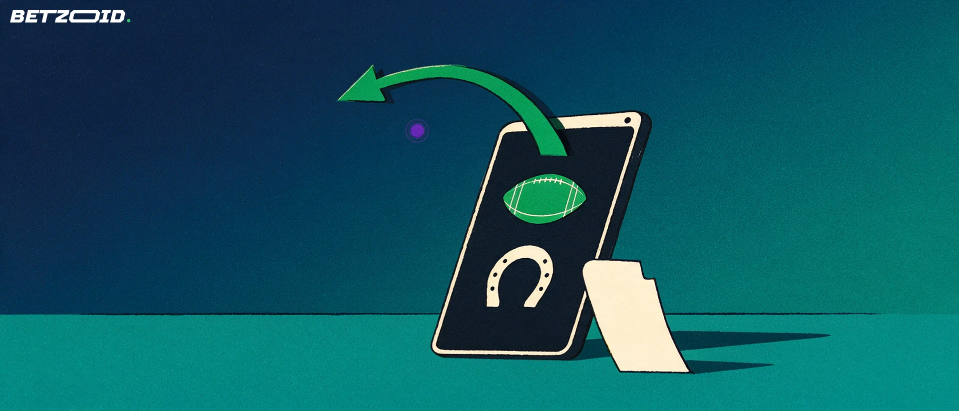 Illustration of a tilted smartphone showing football and horseshoe symbols with a rising green arrow and a blank betting slip.