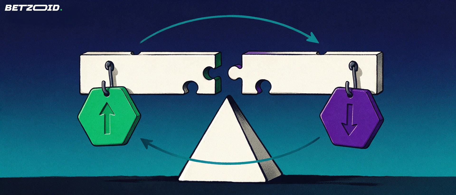 Illustration of a balance beam holding two hexagonal betting tokens with up and down arrows, interlocking in the middle as arrows loop between them.