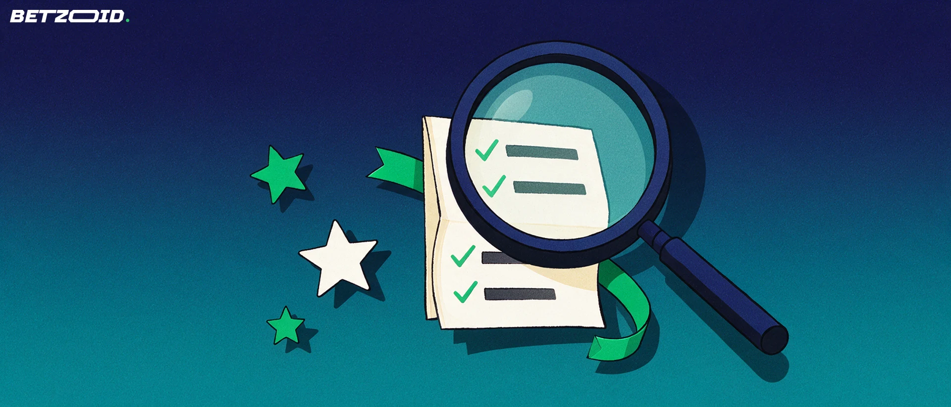 Illustration of a large magnifying glass enlarging the rows of a folded betting slip marked with check symbols beside flat stars