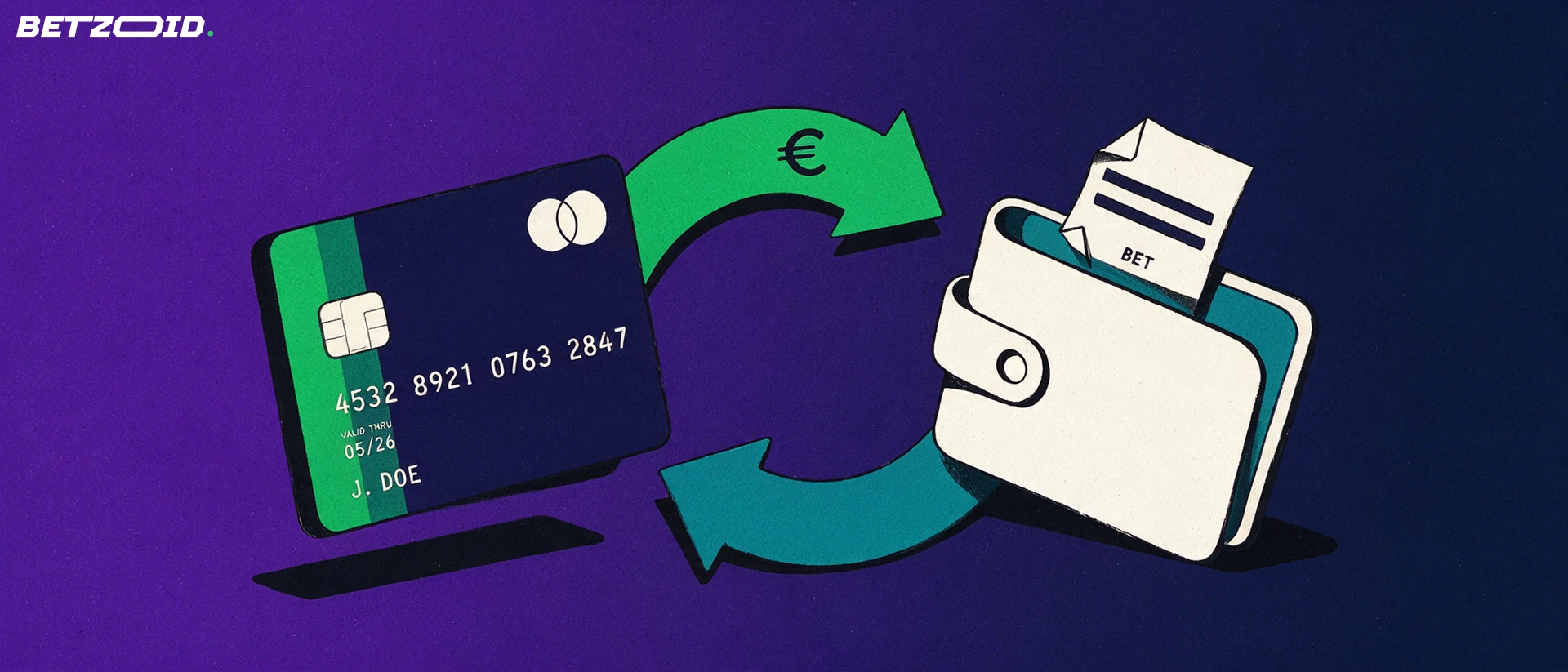 Illustration of a bank card and an open wallet linked by two looping arrows with a euro symbol, a betting slip tucked in the wallet