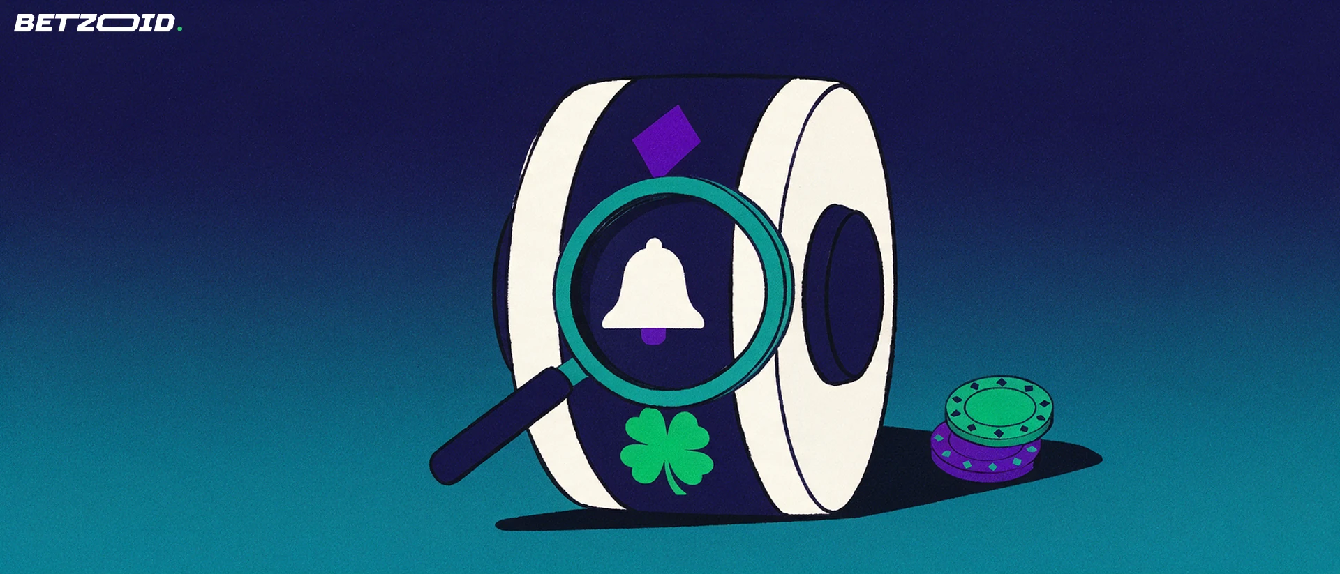 Illustration of a magnifying glass inspecting a slot reel drum with diamond, bell and clover symbols beside two casino chips.