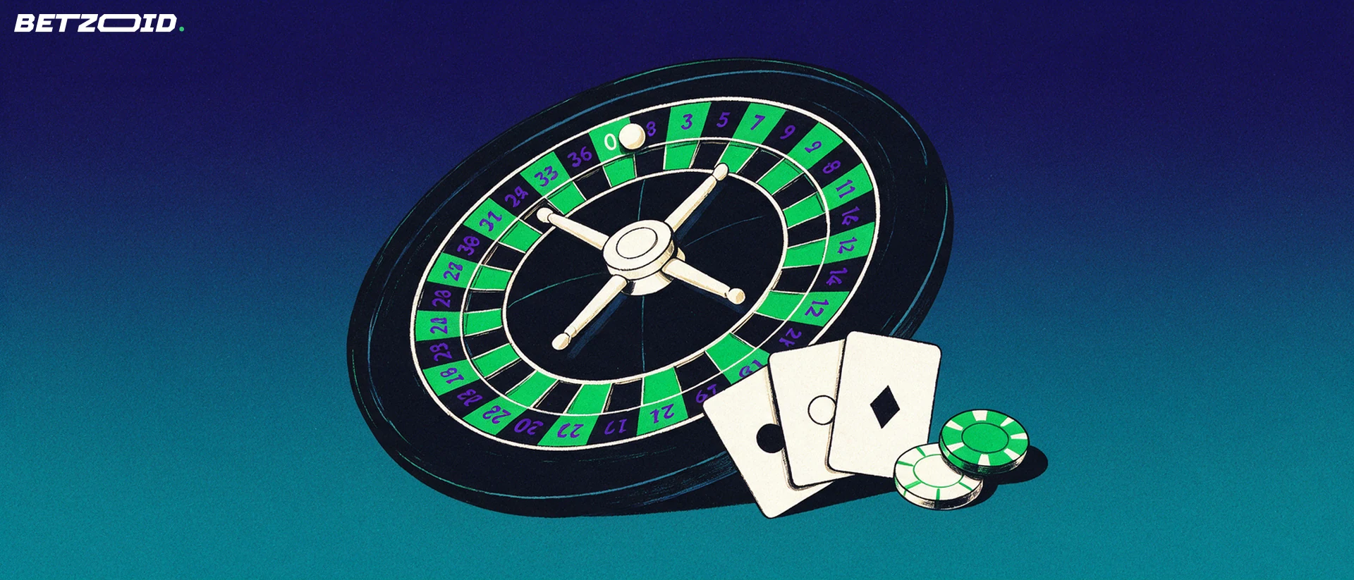 Illustration of a tilted roulette wheel with a ball in a green pocket, a fan of plain playing cards and two casino chips.