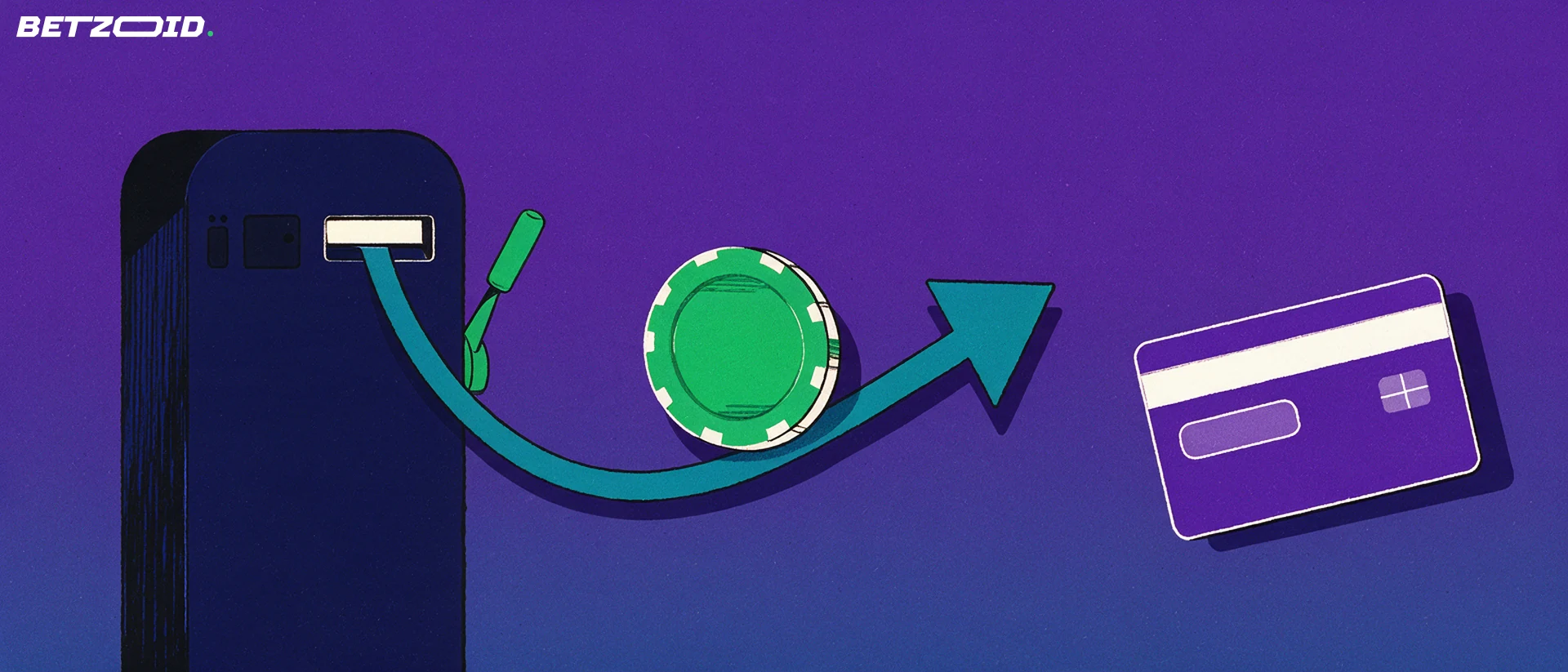 Illustration of a cashier console sending a casino chip along a curved arrow towards a plain bank card.