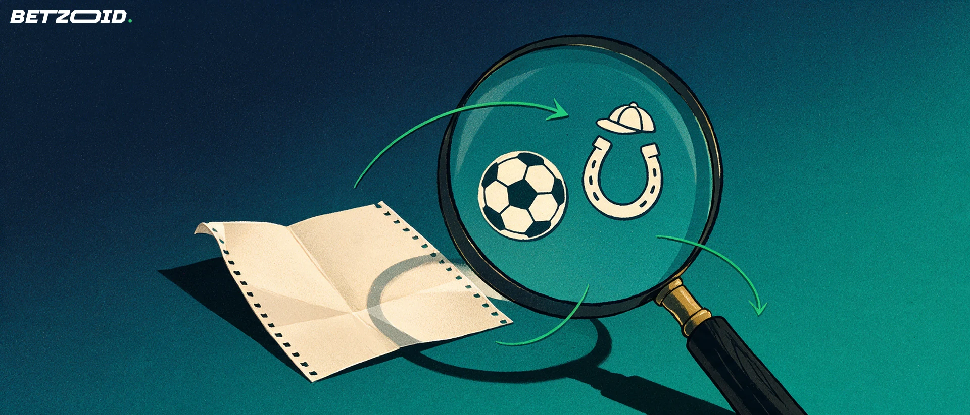 Illustration of a magnifying glass over a paper betting slip showing football and horse racing symbols.