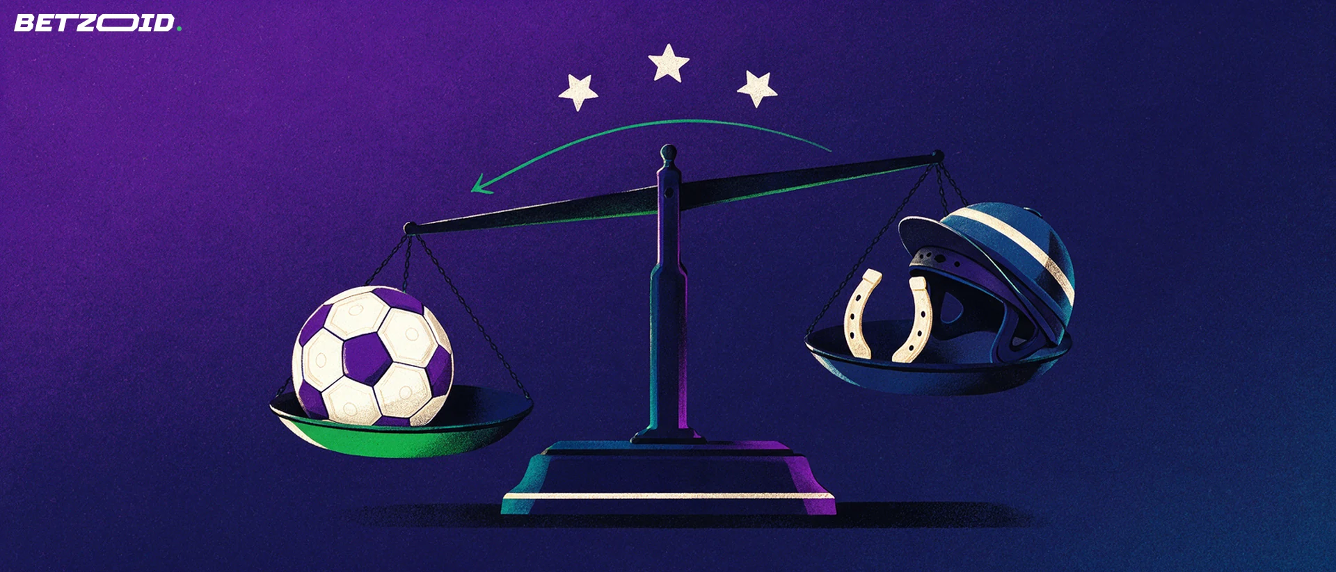 Illustration of a balance scale weighing a football against a jockey helmet and horseshoe, with three stars above.