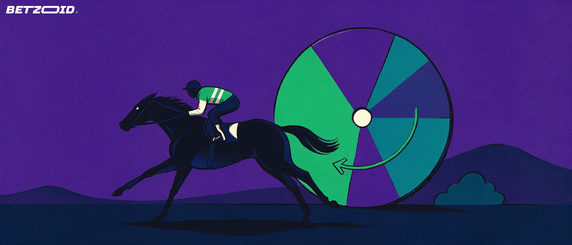 Illustration of a galloping racehorse and jockey silhouette in front of a large circular dial divided into coloured wedges with an arrow pointing to the widest wedge.
