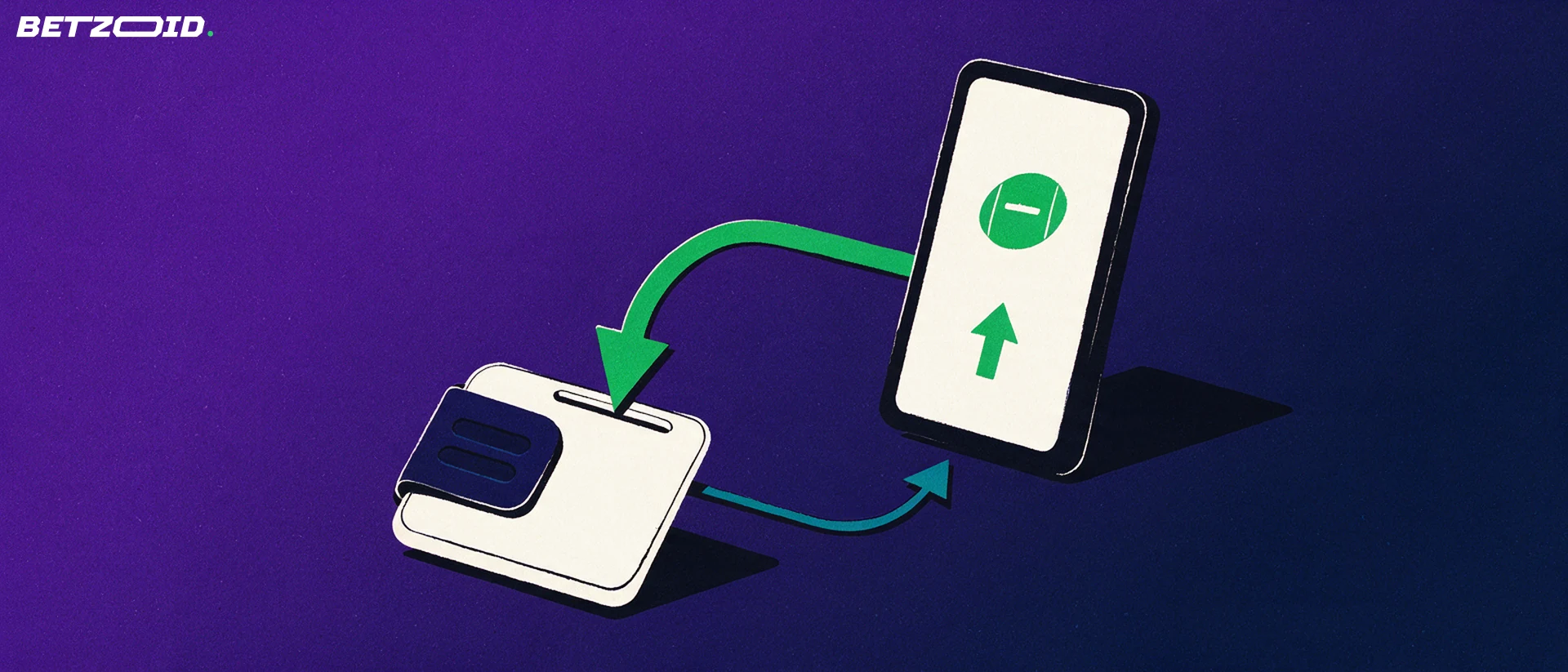 Illustration of a smartphone with a football symbol linked by curved arrows to a wallet, showing deposits and withdrawals