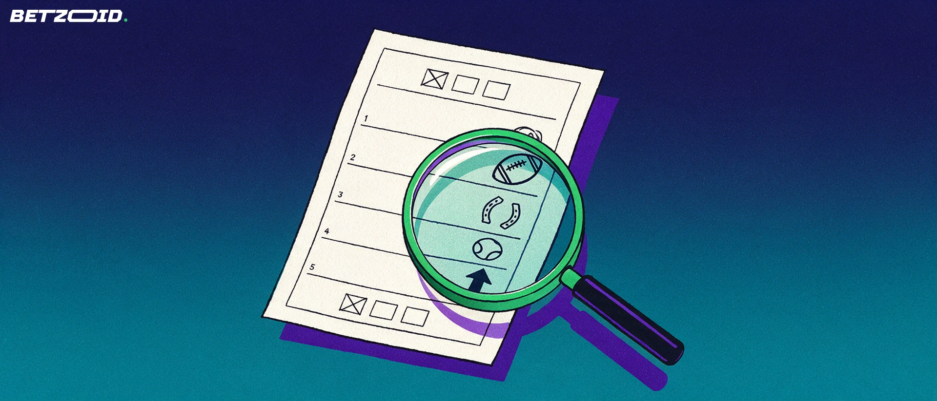 Illustration of a large magnifying glass enlarging small football, horseshoe and tennis symbols printed on a paper betting slip.