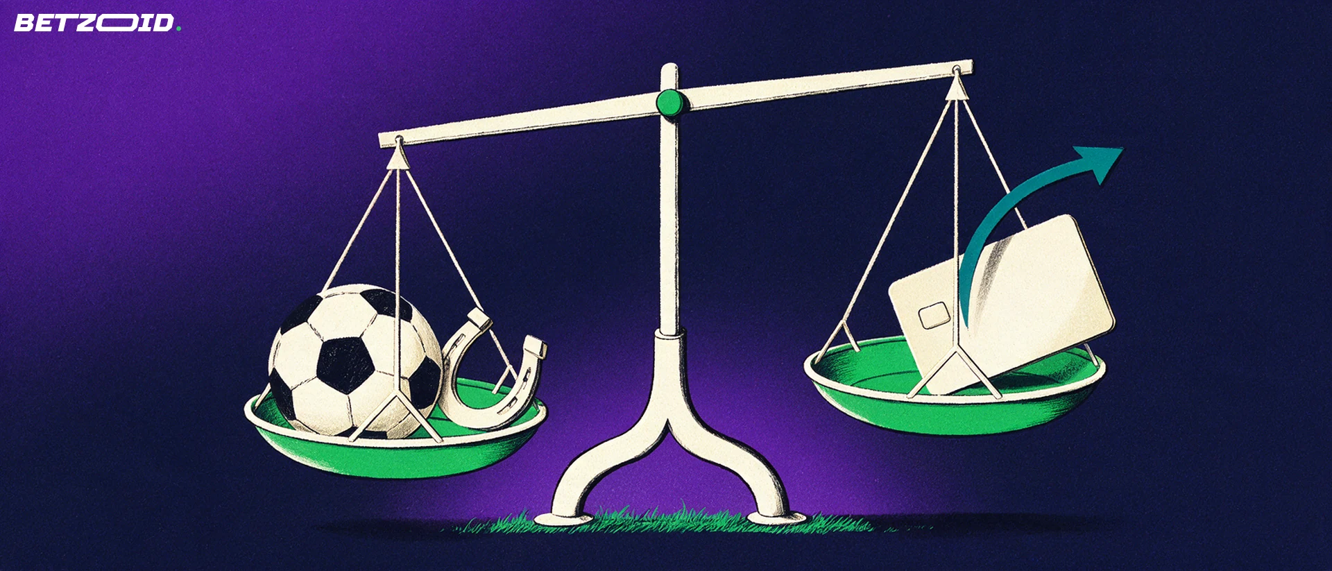 Illustration of a balance scale weighing a football and horseshoe against a plain payment card with an upward curving arrow.