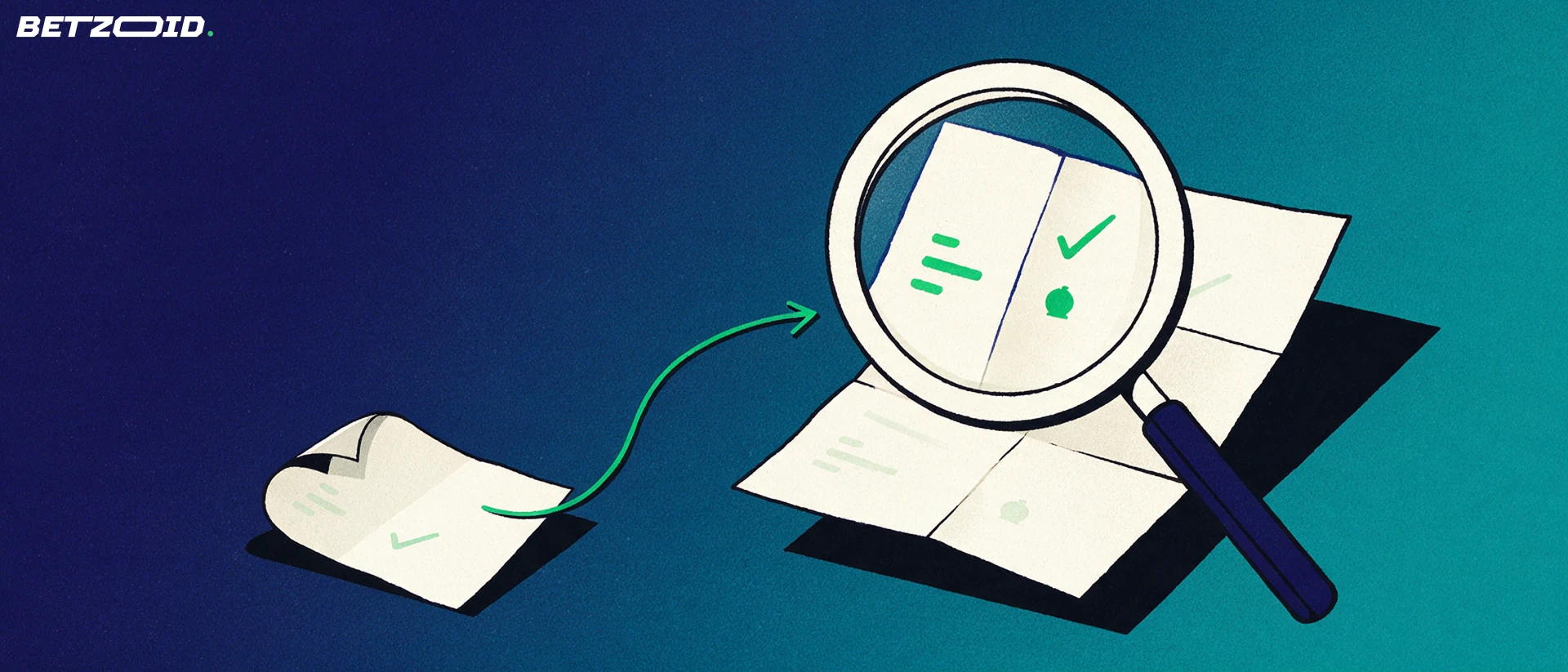 Illustration of a large magnifying glass examining a paper betting slip marked with simple symbols and a check