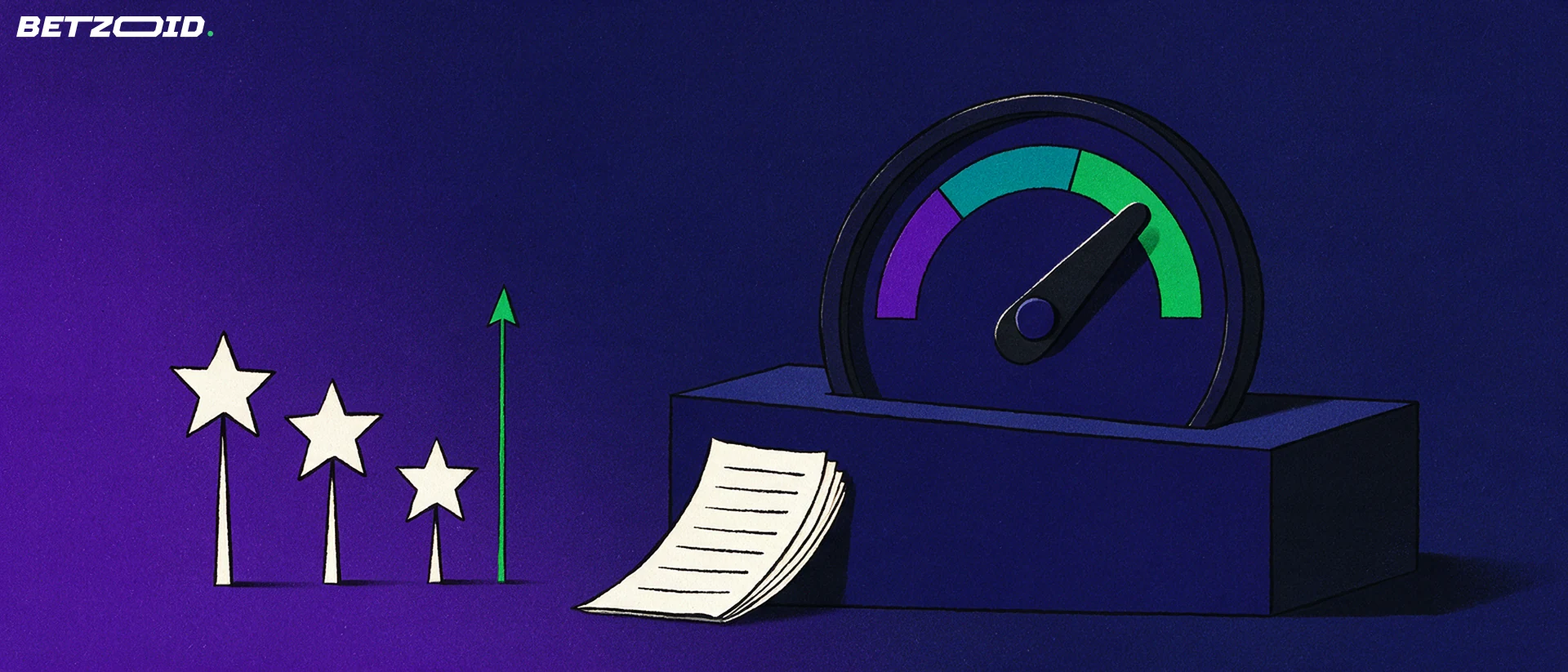 Illustration of a rating dial with its needle in the green zone beside three rising stars and a fanned betting slip