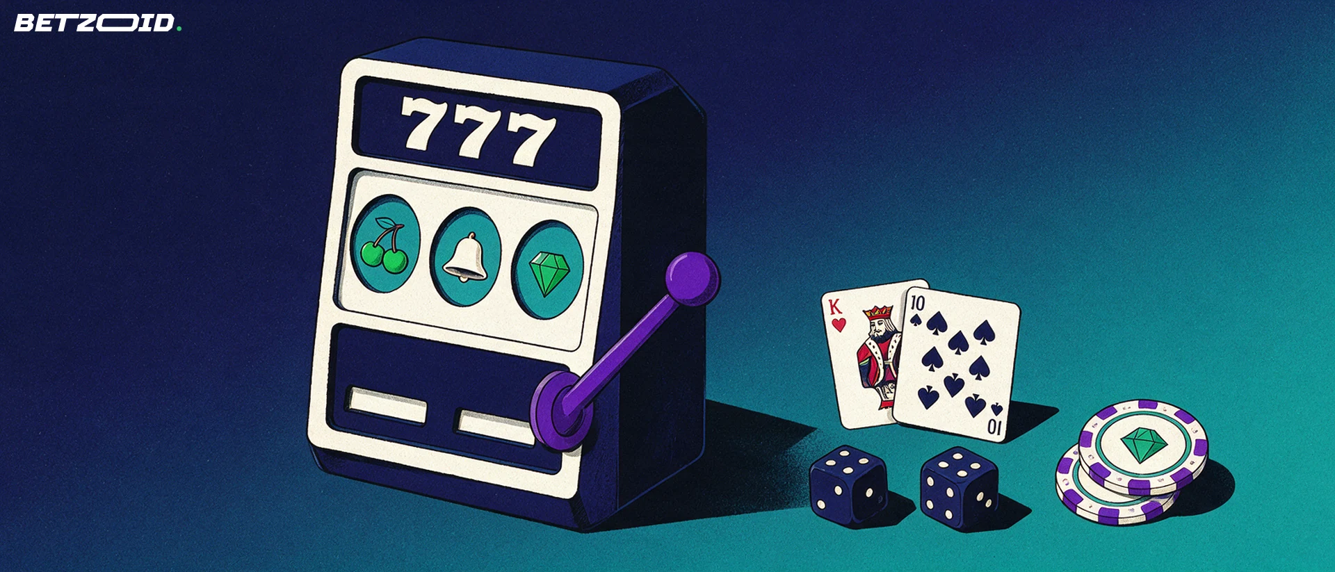 Illustration of a slot machine cabinet with reel symbols beside playing cards, dice and casino chips
