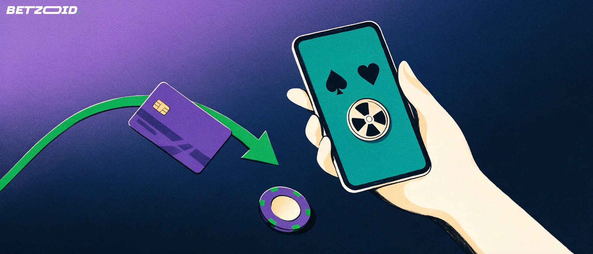 Illustration of a hand holding a phone with card suit and reel symbols while a bank card follows an arrow toward the device