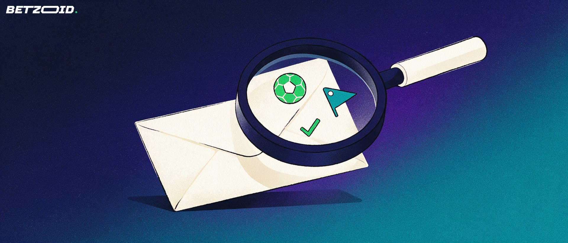 Illustration of a large magnifying glass examining a folded sports betting slip marked with simple football and flag symbols and a green tick