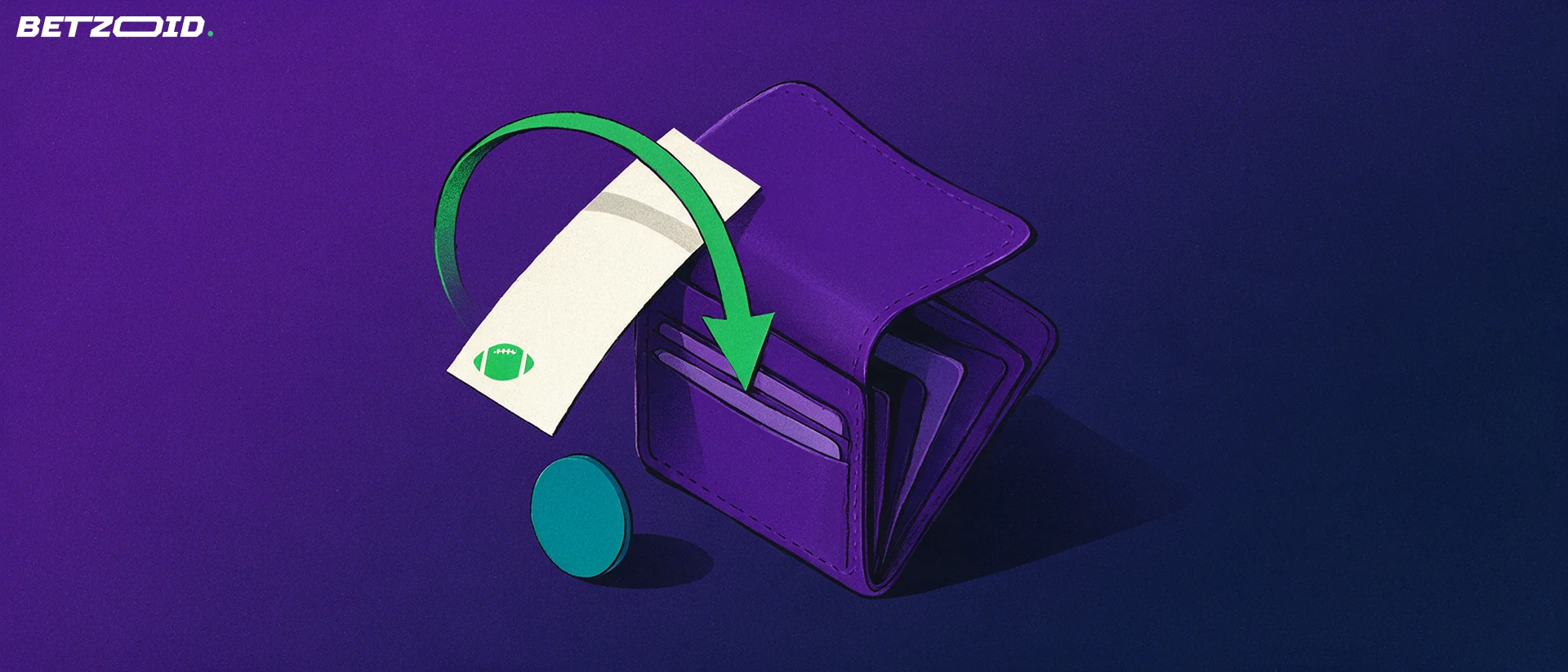 Illustration of an open wallet with a sports betting slip sliding out and a green arrow looping back in, beside a plain round token