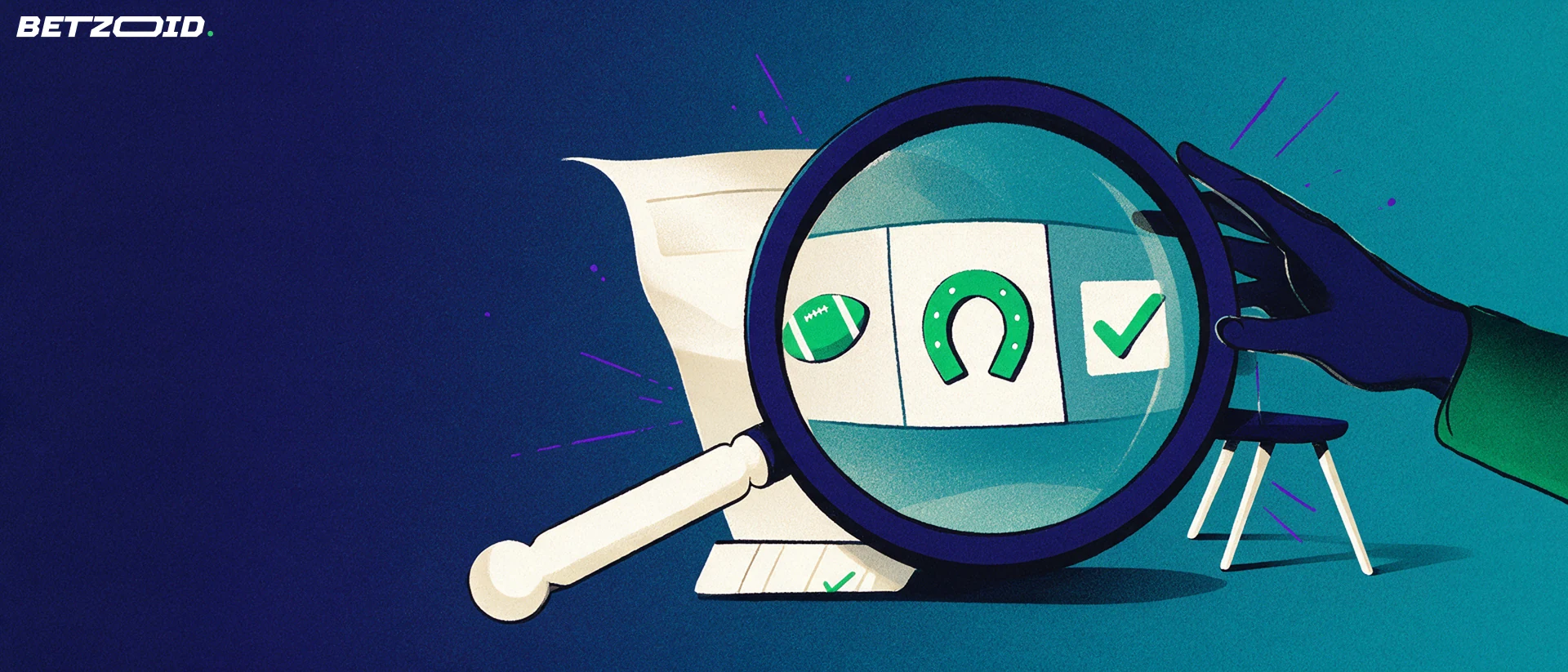 Illustration of a large magnifying glass inspecting a paper betting coupon marked with football and horseshoe symbols.