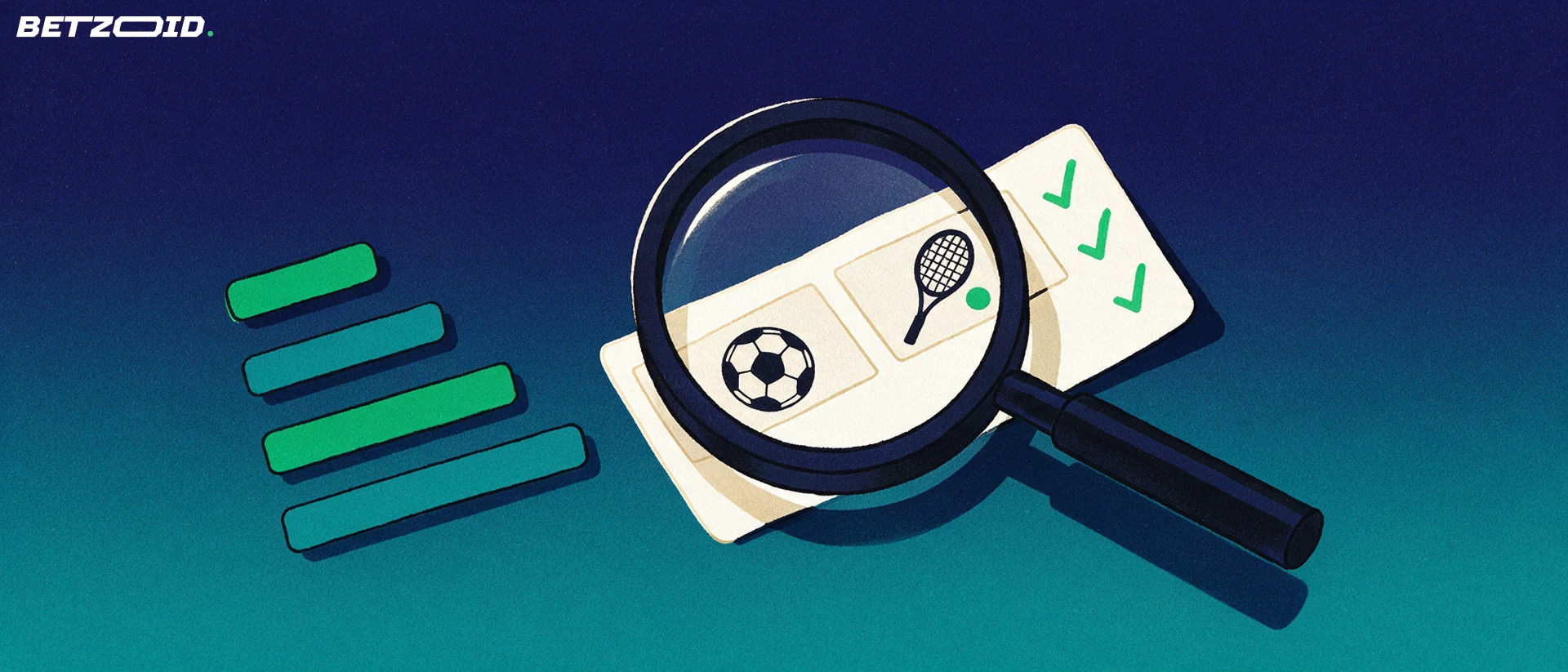 Illustration of a magnifying glass enlarging a paper betting slip with football and tennis symbols and tick marks beside a rising bar scale.