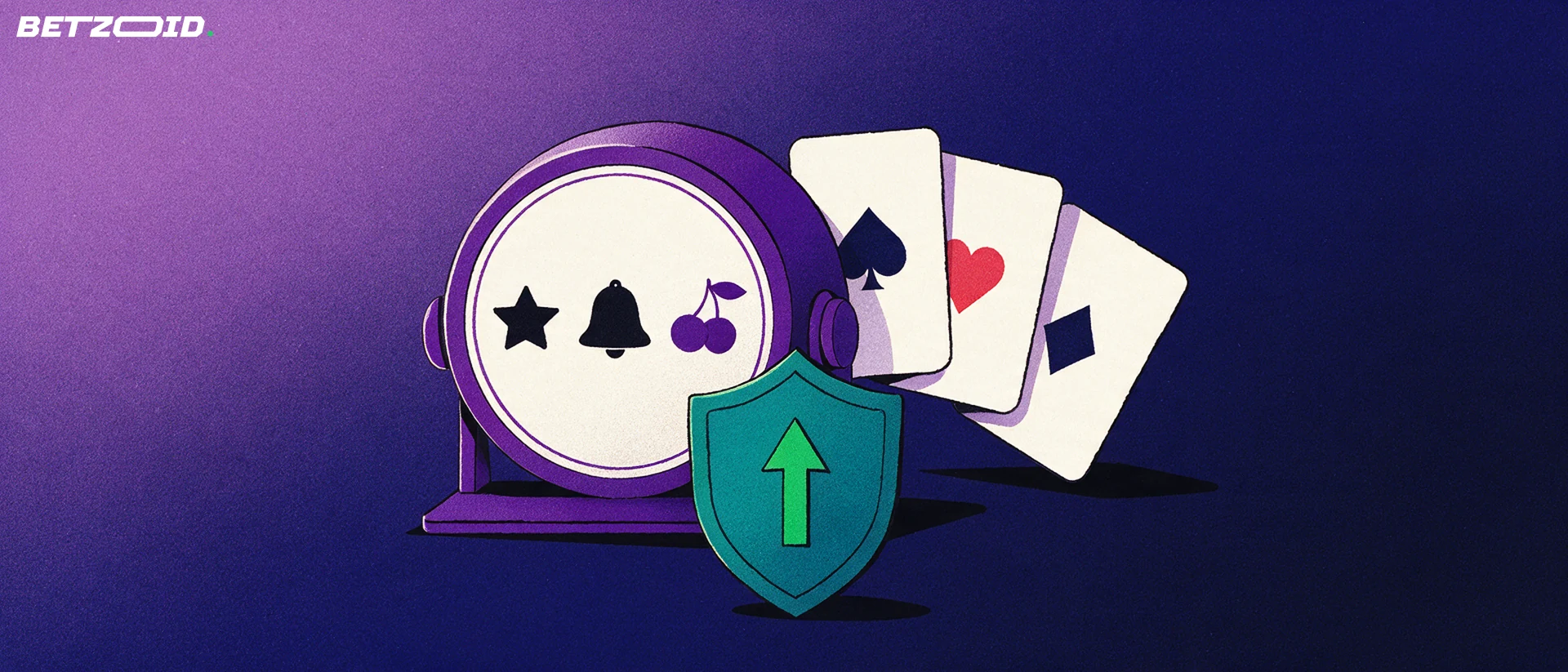 Illustration of a slot machine reel drum, a fan of playing cards with suit pips and a shield holding an upward arrow.