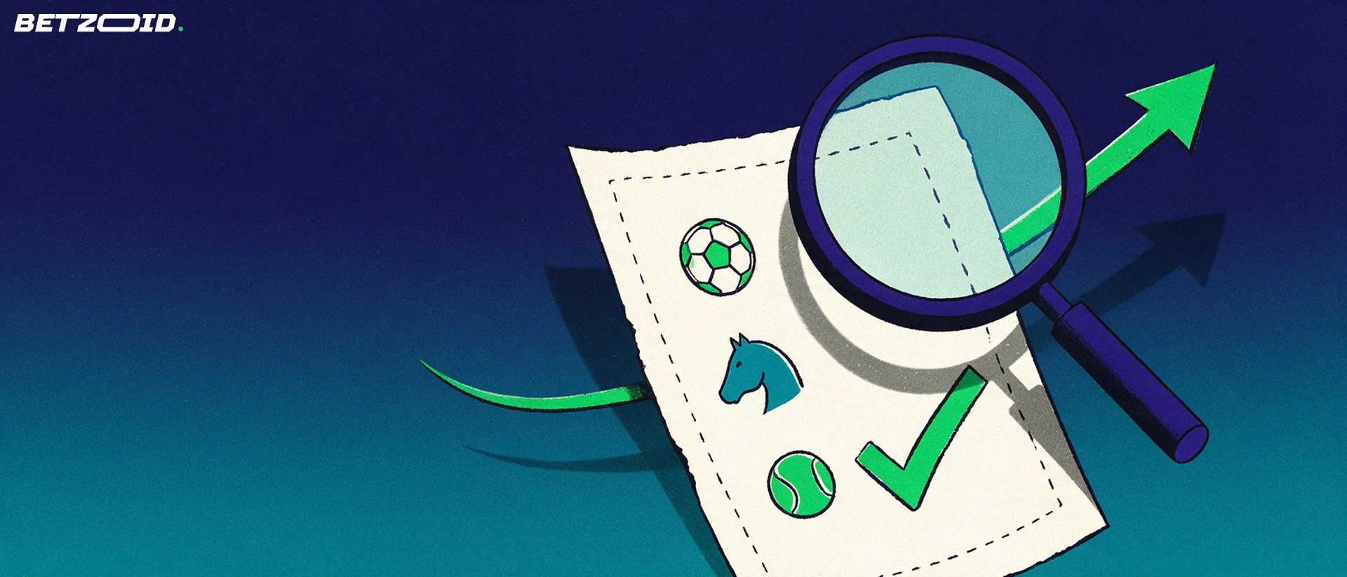 Illustration of a magnifying glass examining a betting slip marked with football, horse racing and tennis symbols and a tick.