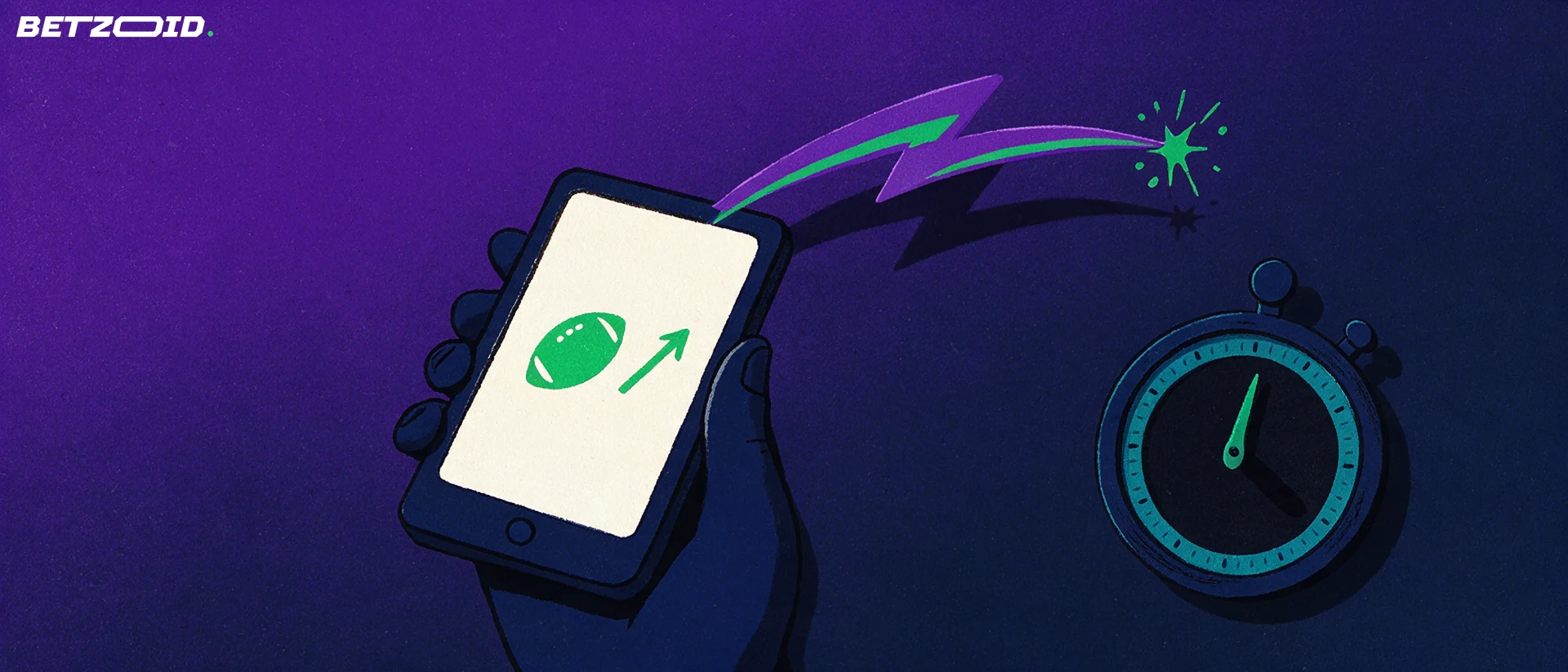 Illustration of a hand holding a phone showing a football symbol, with a lightning bolt and a stopwatch beside it.