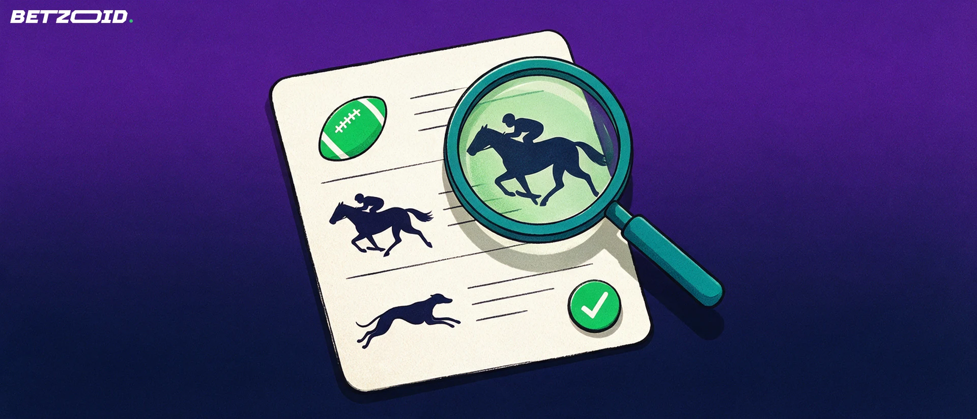 Illustration of a betting slip with football, horse and greyhound icons being inspected through a large magnifying glass.