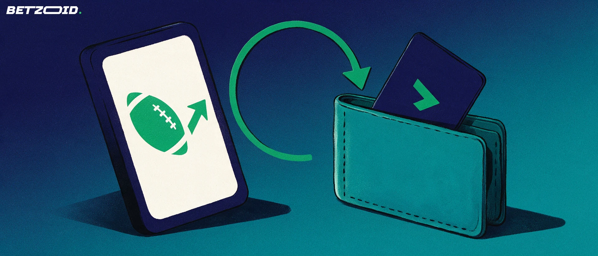 Illustration of a smartphone showing a football symbol connected by a circular green arrow to a wallet holding a payment card.