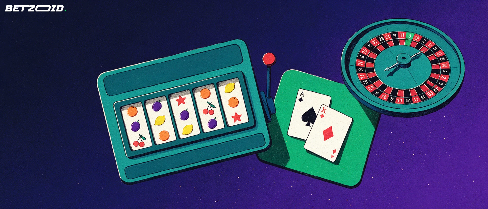 Illustration of a slot reel panel, playing cards and a roulette wheel fanned together like a hand of cards