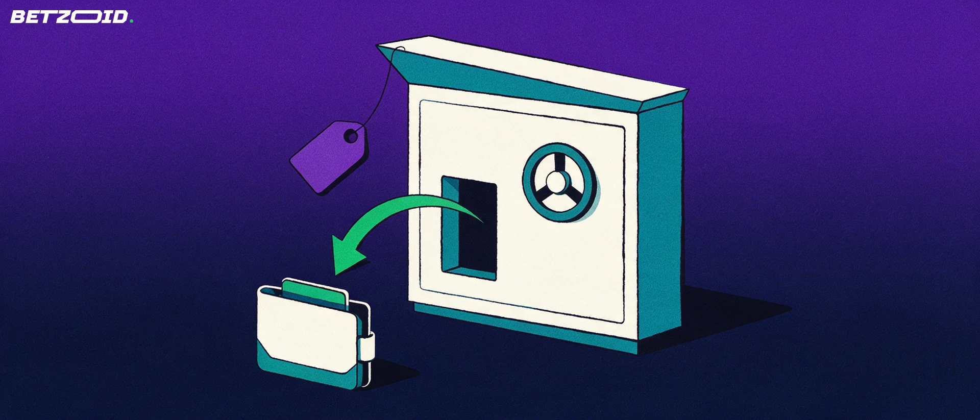 Illustration of a vault door with a green arrow curving into a wallet, showing a casino withdrawal